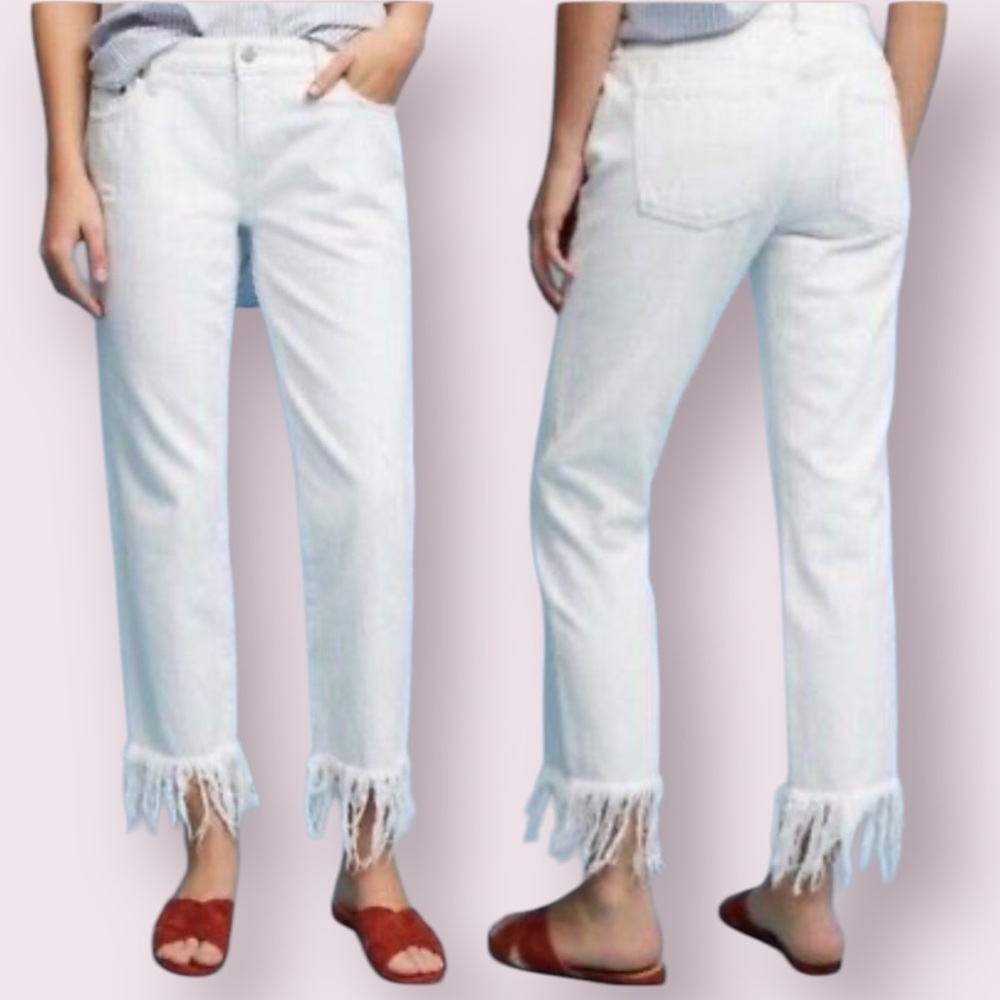Anthropologie Pilcro Hyphen Straight Leg Fringe Bottom Jeans White Size 25